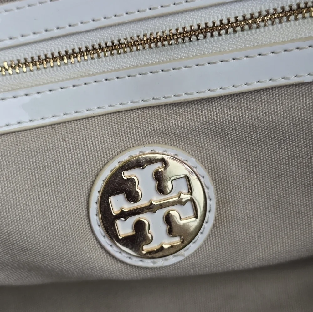 Tory Burch Jane Beige Canvas Tote Leather Purse Handbag Satchel Tan White Logo